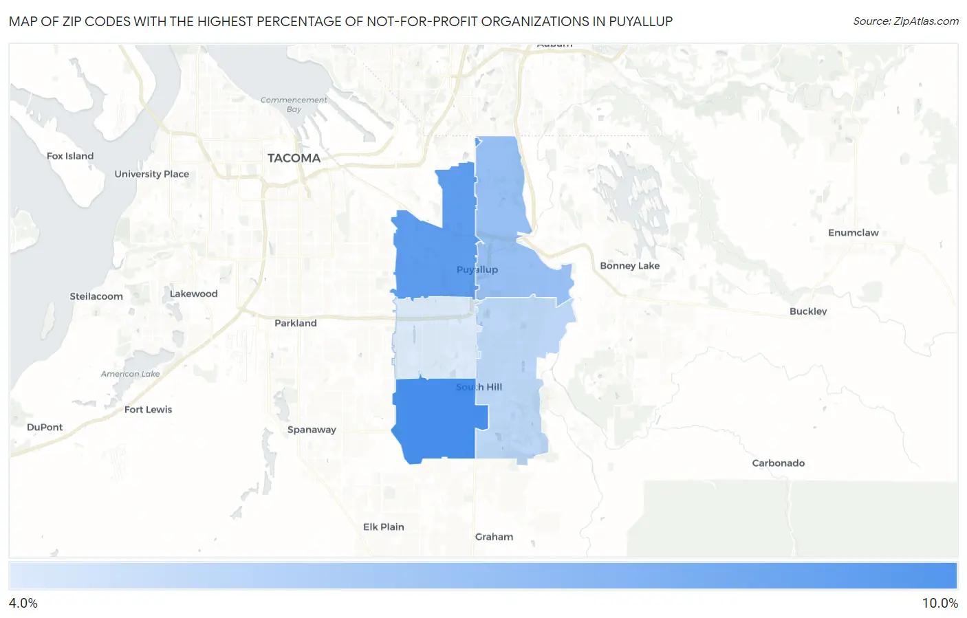 Zip Codes with the Highest Percentage of Not-for-profit Organizations in Puyallup Map