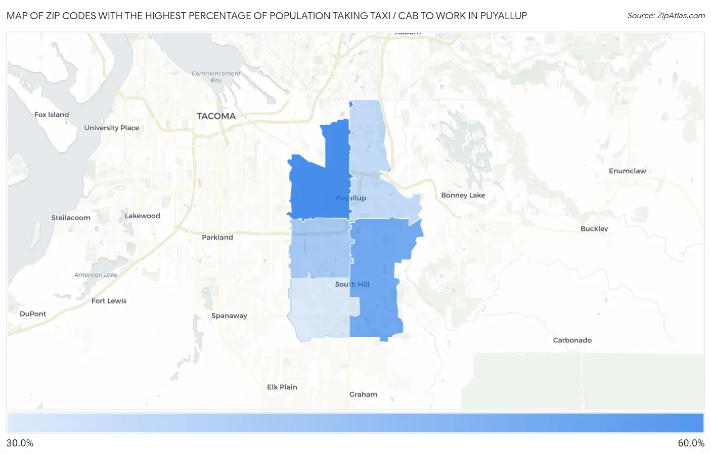 Zip Codes with the Highest Percentage of Population Taking Taxi / Cab to Work in Puyallup Map