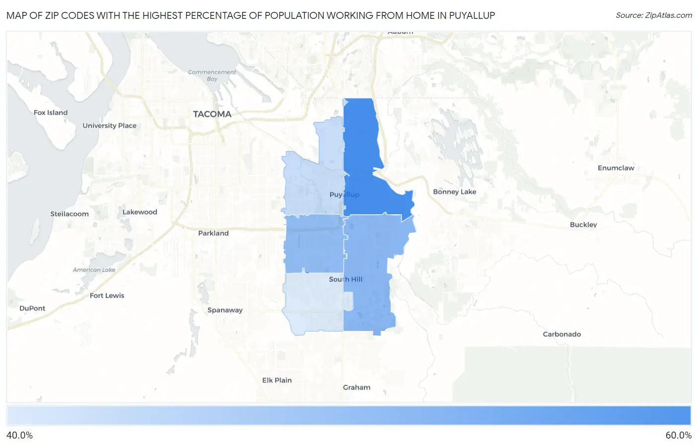 Zip Codes with the Highest Percentage of Population Working from Home in Puyallup Map