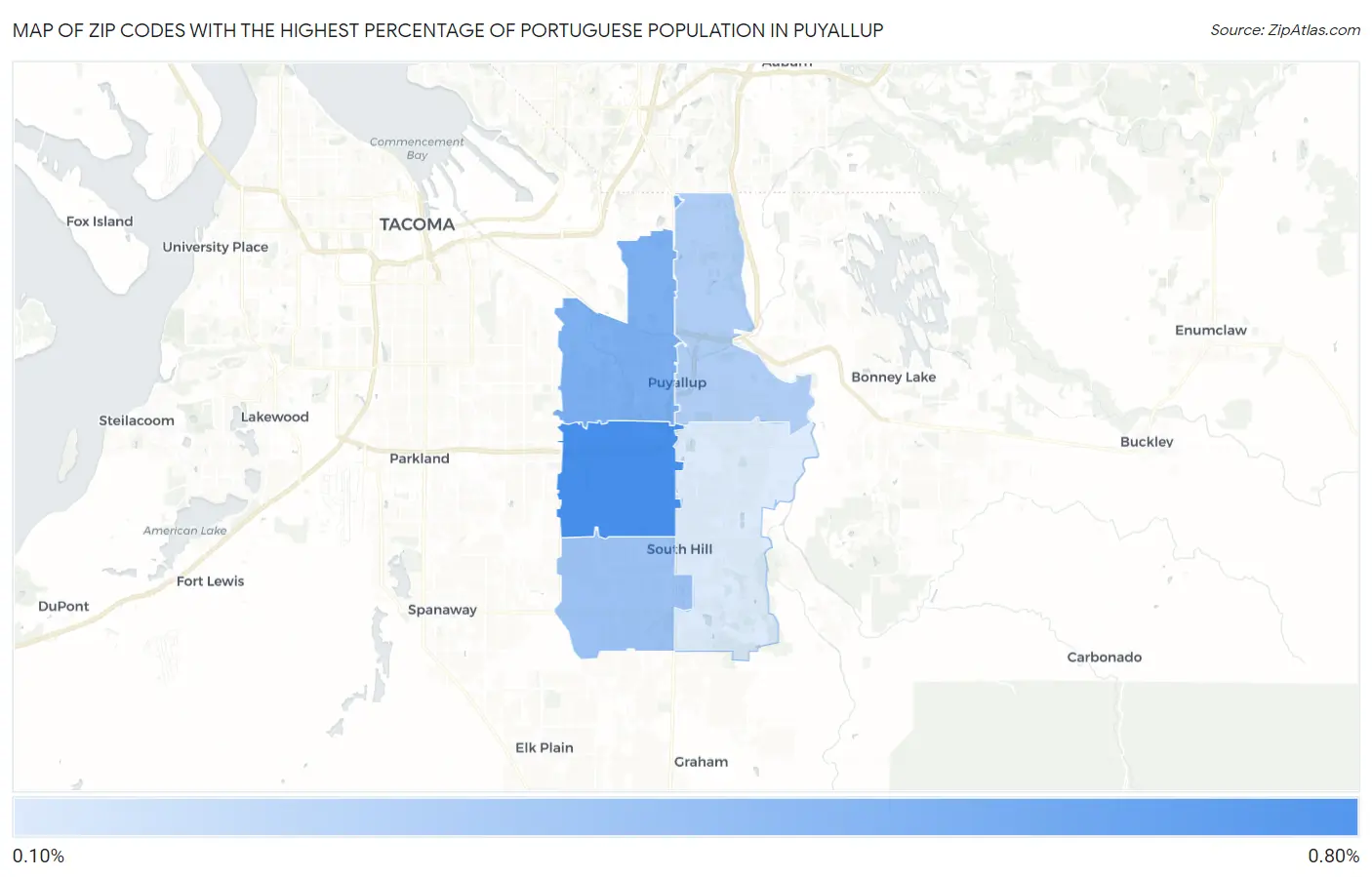 Zip Codes with the Highest Percentage of Portuguese Population in Puyallup Map