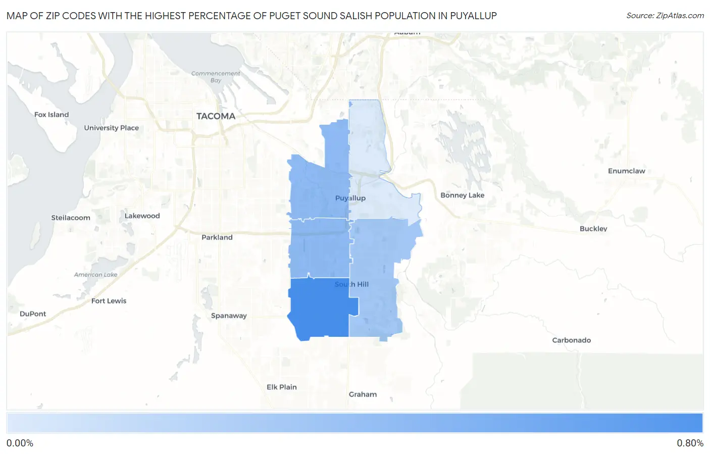 Zip Codes with the Highest Percentage of Puget Sound Salish Population in Puyallup Map