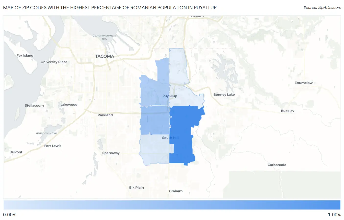 Zip Codes with the Highest Percentage of Romanian Population in Puyallup Map