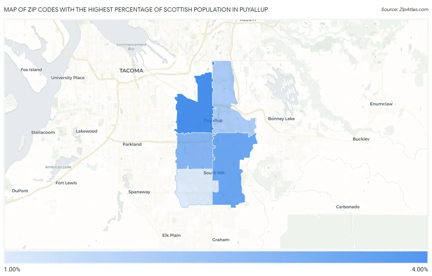 Zip Codes with the Highest Percentage of Scottish Population in Puyallup Map
