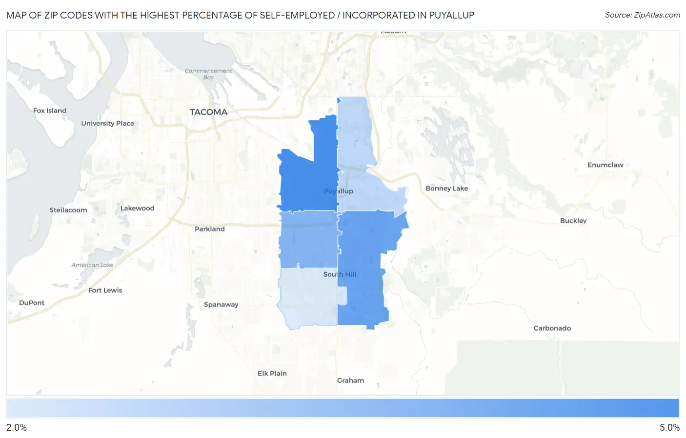 Zip Codes with the Highest Percentage of Self-Employed / Incorporated in Puyallup Map
