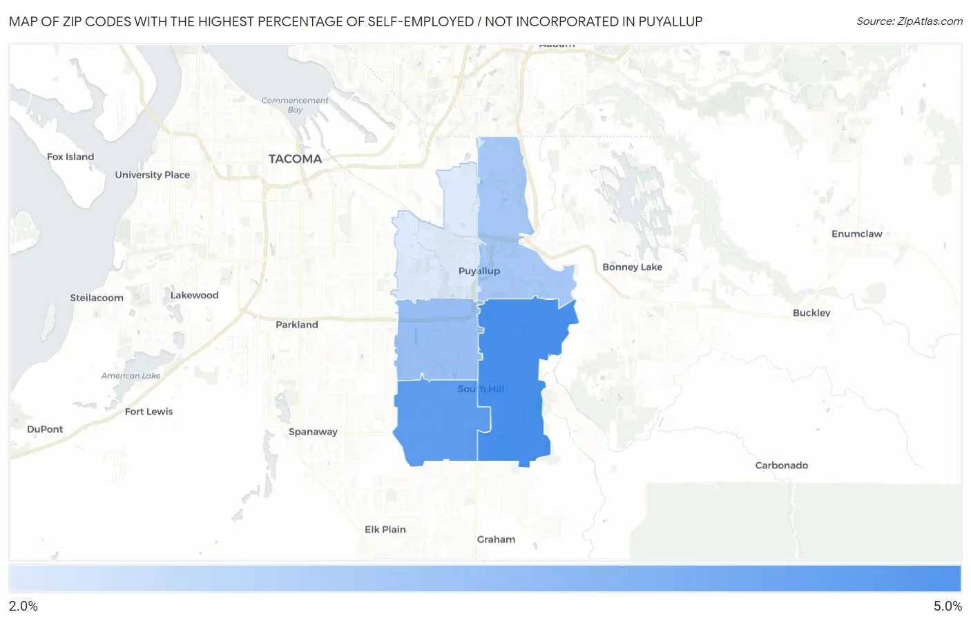 Zip Codes with the Highest Percentage of Self-Employed / Not Incorporated in Puyallup Map