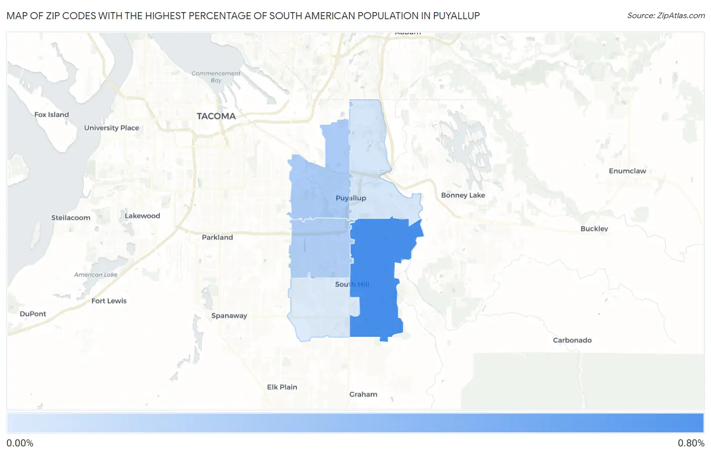 Zip Codes with the Highest Percentage of South American Population in Puyallup Map