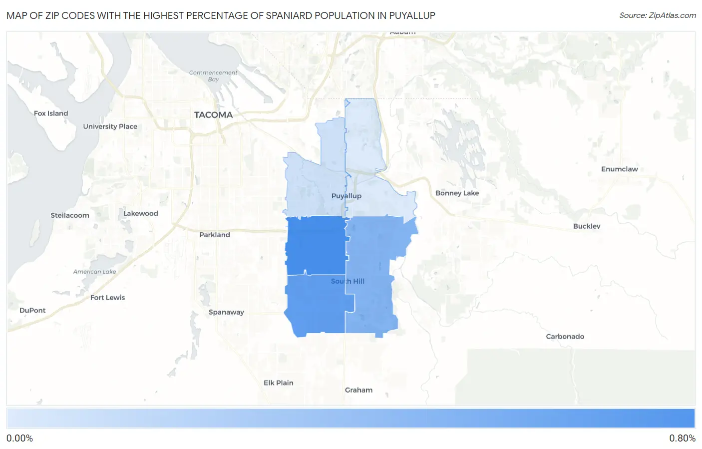 Zip Codes with the Highest Percentage of Spaniard Population in Puyallup Map