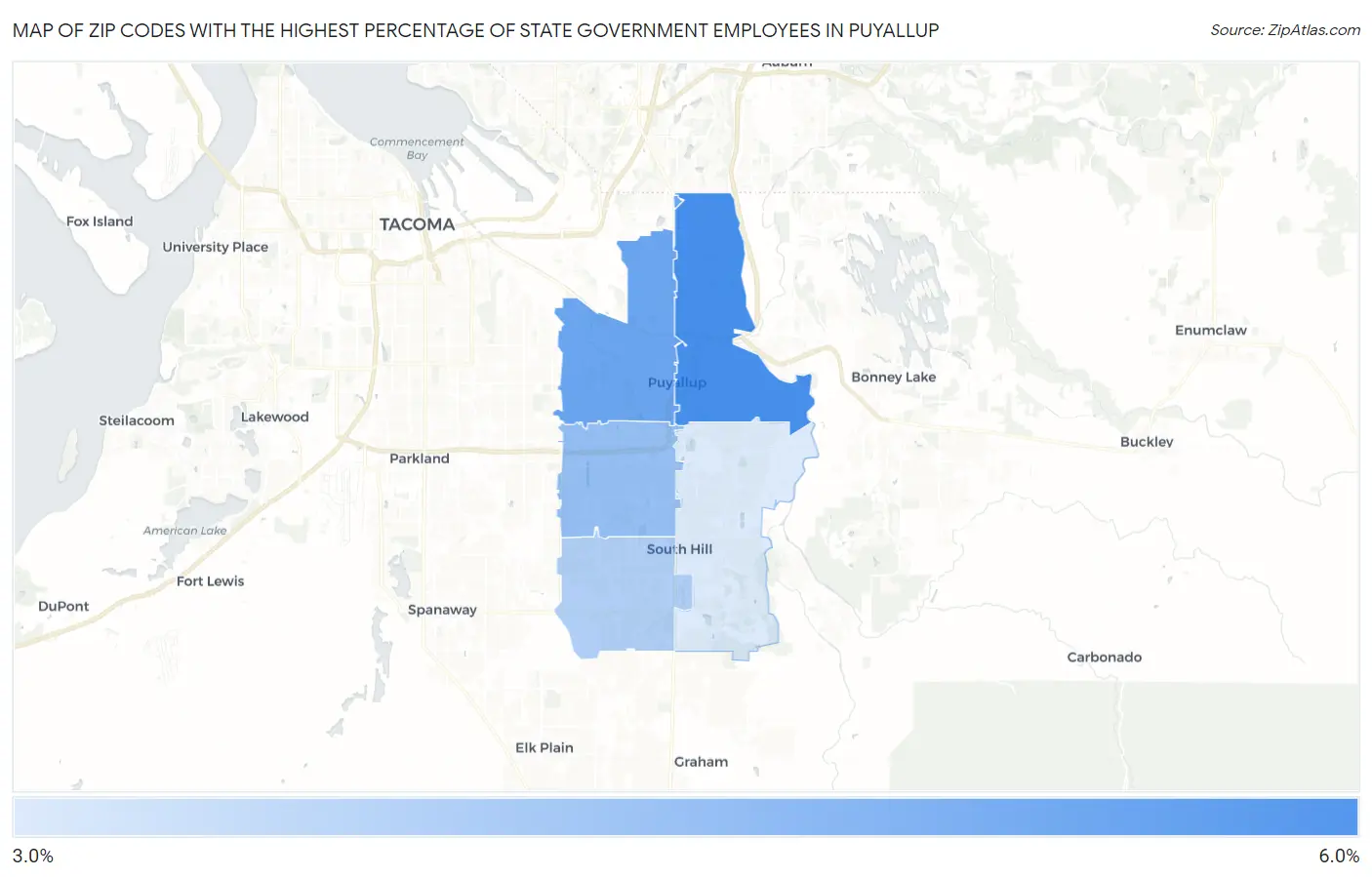 Zip Codes with the Highest Percentage of State Government Employees in Puyallup Map