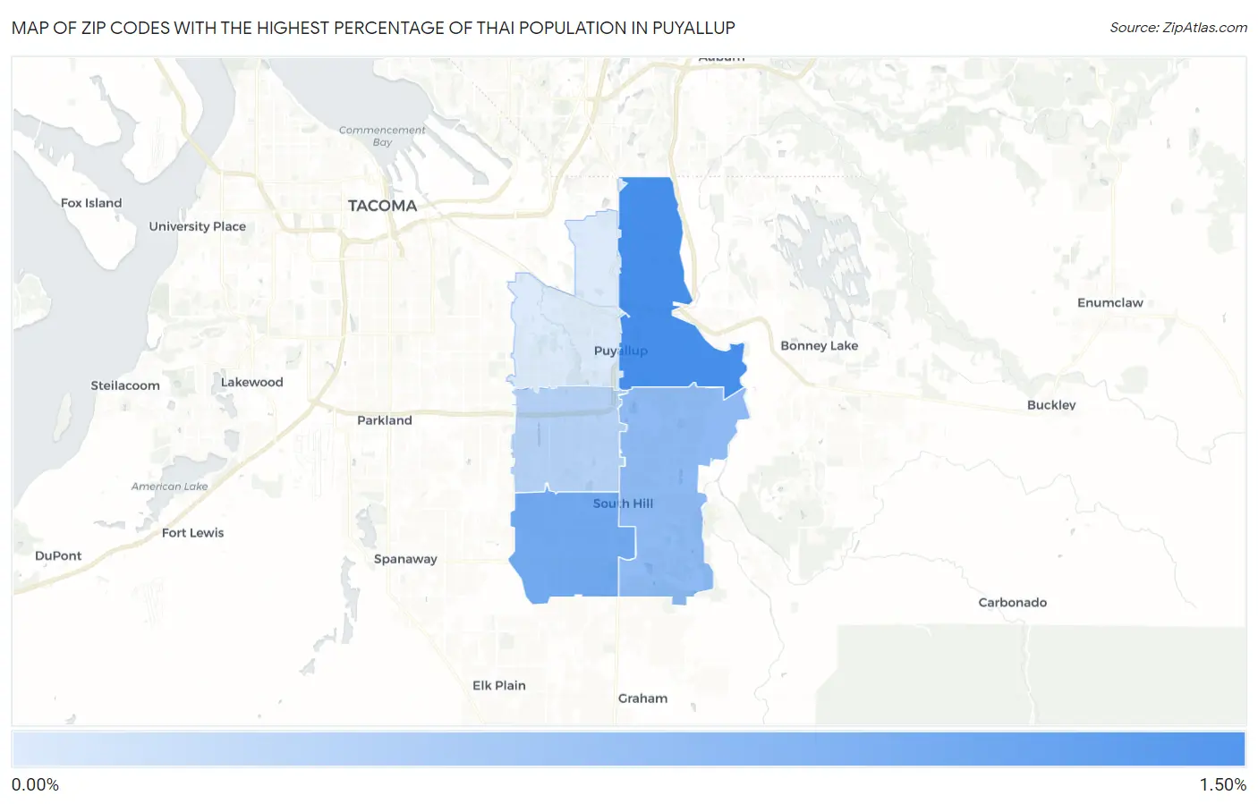 Zip Codes with the Highest Percentage of Thai Population in Puyallup Map
