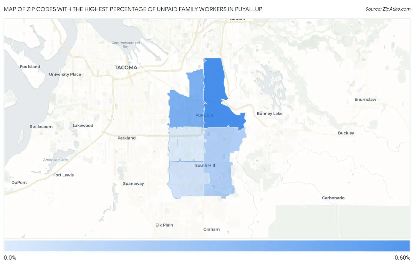 Zip Codes with the Highest Percentage of Unpaid Family Workers in Puyallup Map