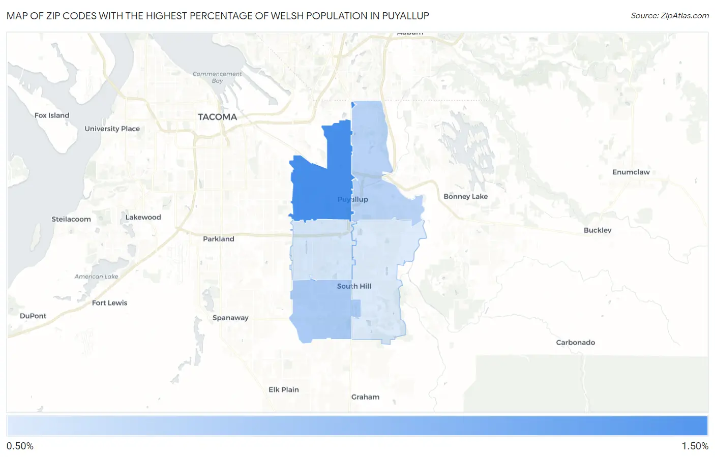 Zip Codes with the Highest Percentage of Welsh Population in Puyallup Map