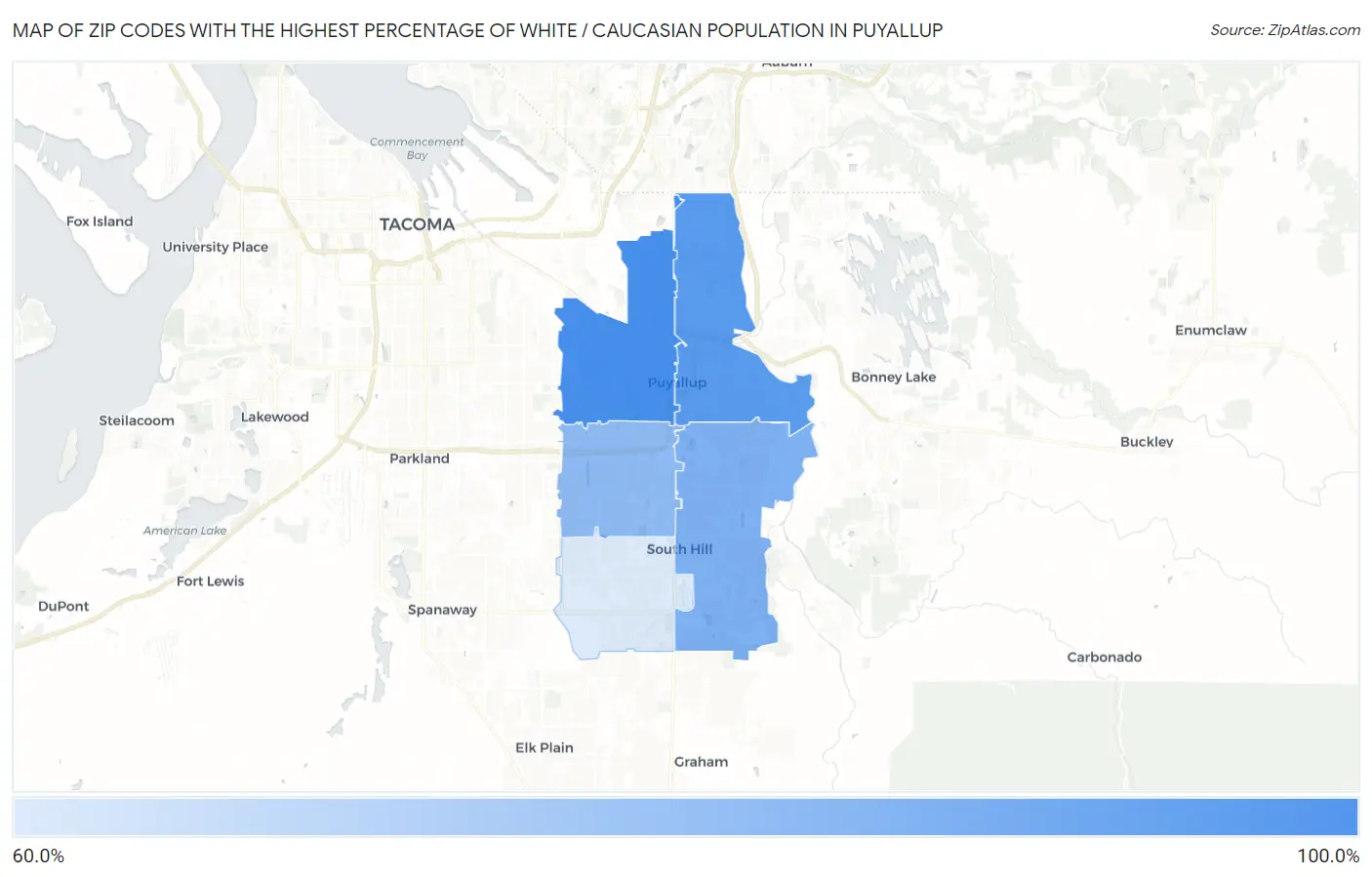 Zip Codes with the Highest Percentage of White / Caucasian Population in Puyallup Map