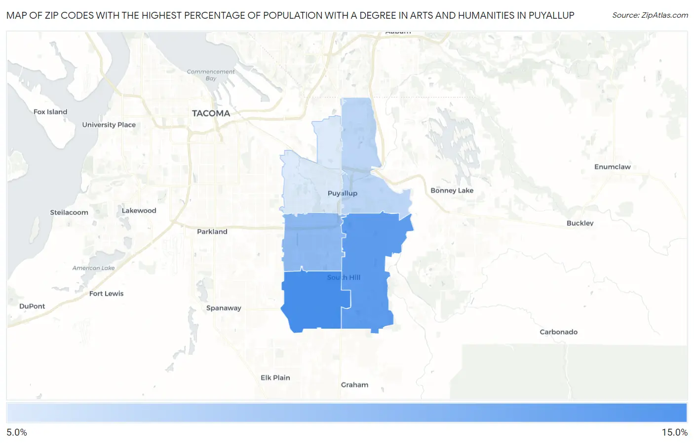Zip Codes with the Highest Percentage of Population with a Degree in Arts and Humanities in Puyallup Map