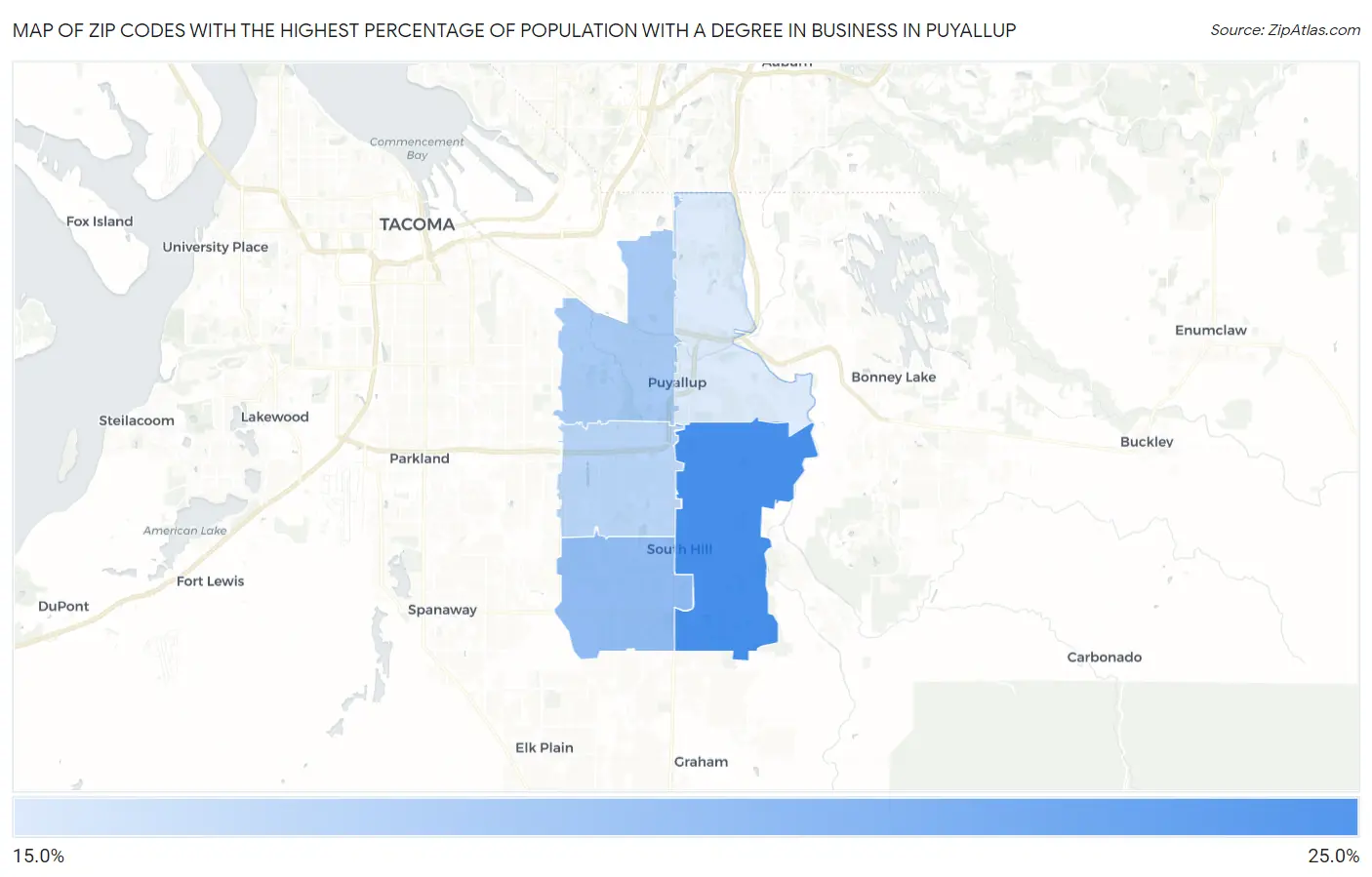 Zip Codes with the Highest Percentage of Population with a Degree in Business in Puyallup Map