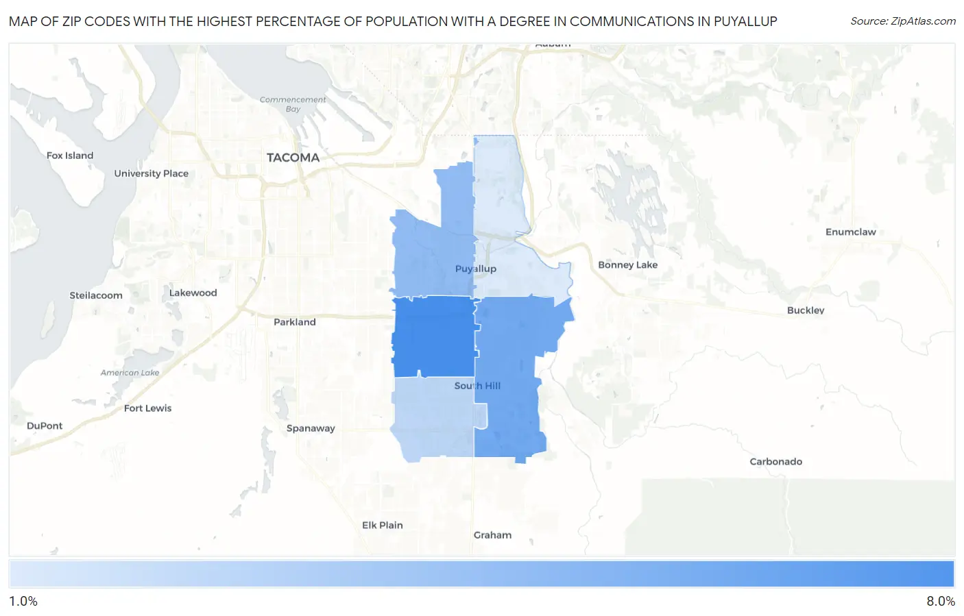 Zip Codes with the Highest Percentage of Population with a Degree in Communications in Puyallup Map