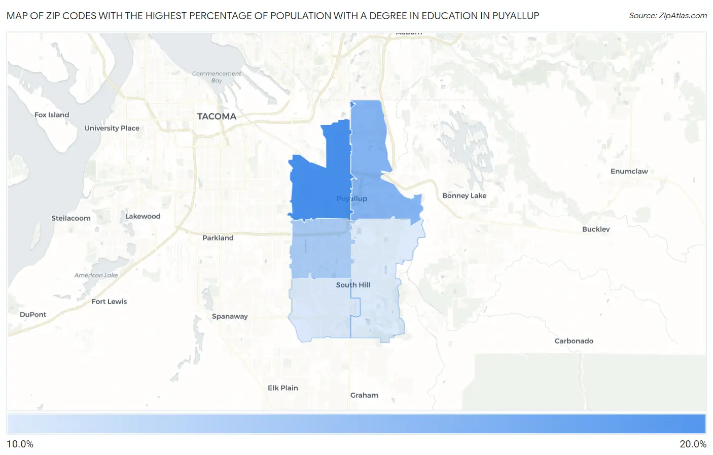 Zip Codes with the Highest Percentage of Population with a Degree in Education in Puyallup Map