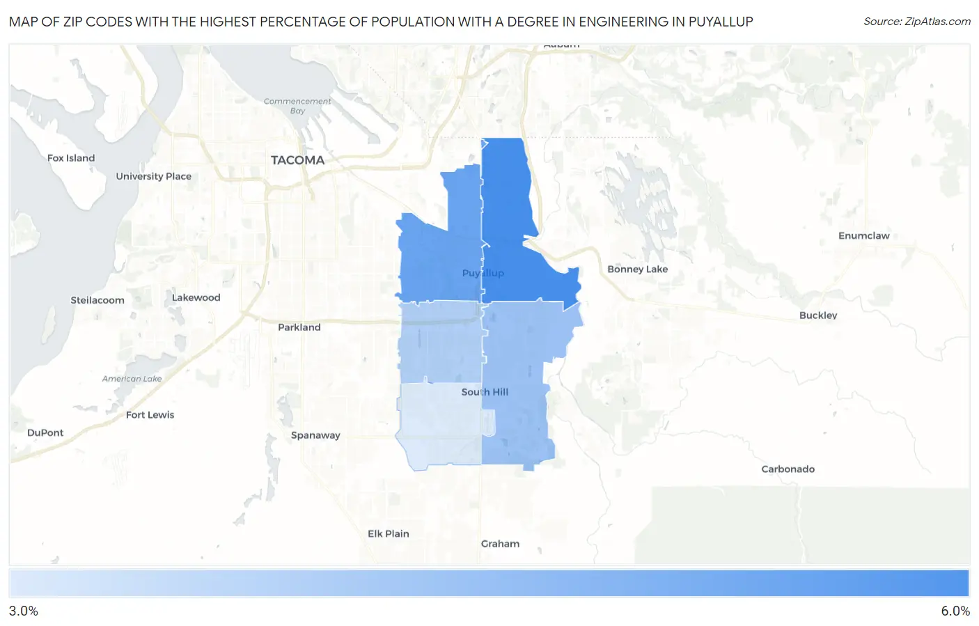 Zip Codes with the Highest Percentage of Population with a Degree in Engineering in Puyallup Map