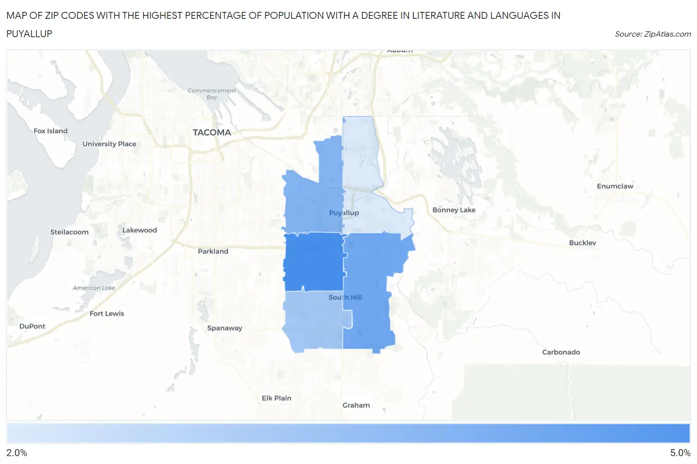 Zip Codes with the Highest Percentage of Population with a Degree in Literature and Languages in Puyallup Map