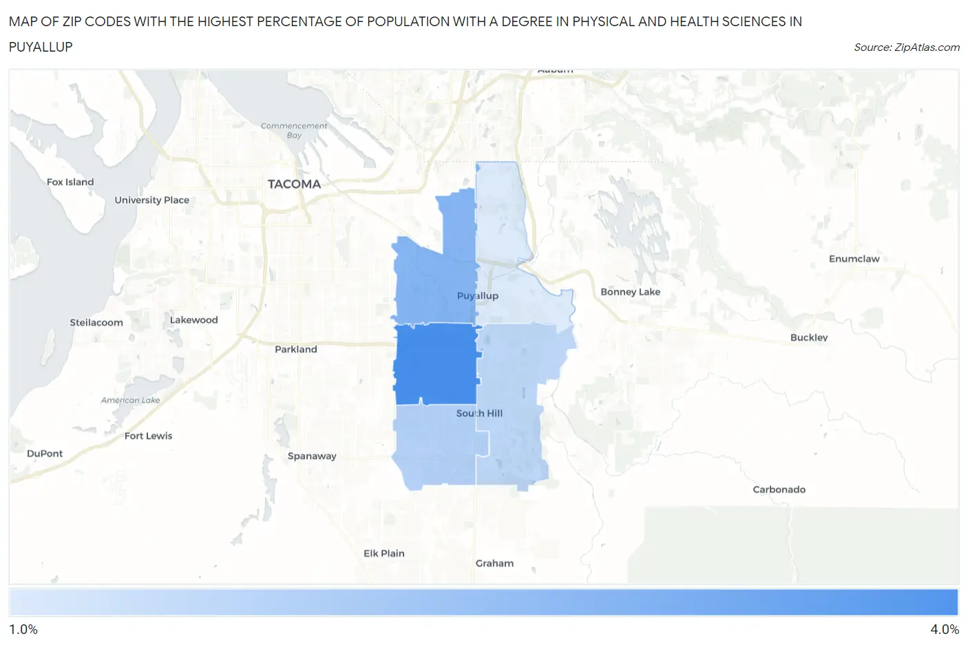 Zip Codes with the Highest Percentage of Population with a Degree in Physical and Health Sciences in Puyallup Map