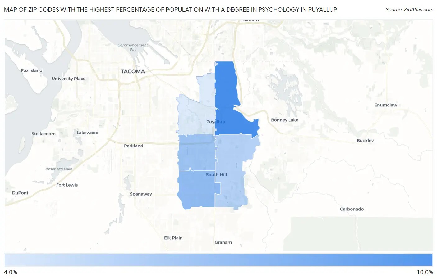 Zip Codes with the Highest Percentage of Population with a Degree in Psychology in Puyallup Map