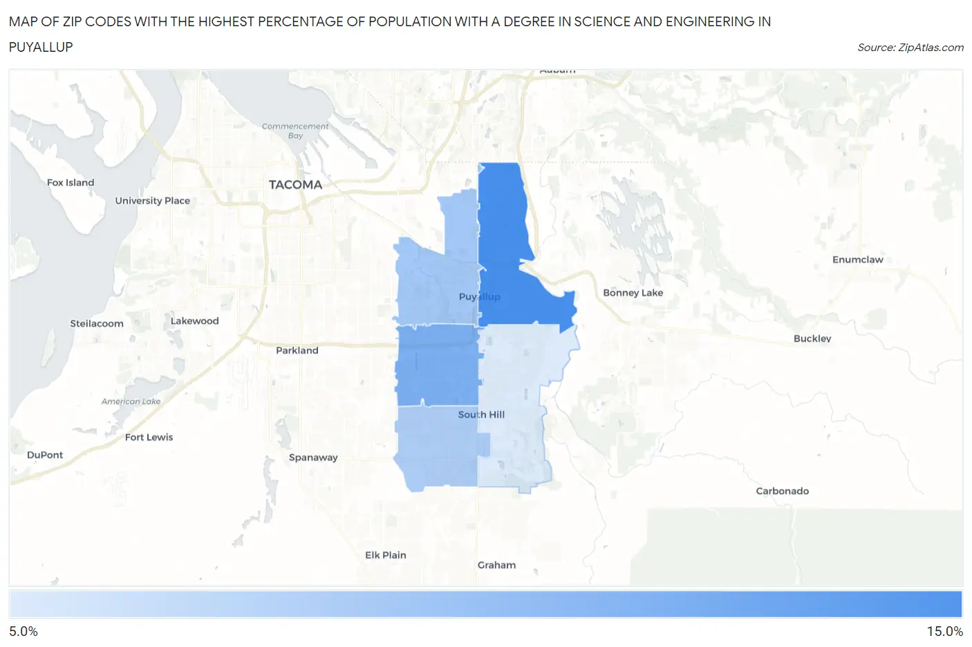Zip Codes with the Highest Percentage of Population with a Degree in Science and Engineering in Puyallup Map