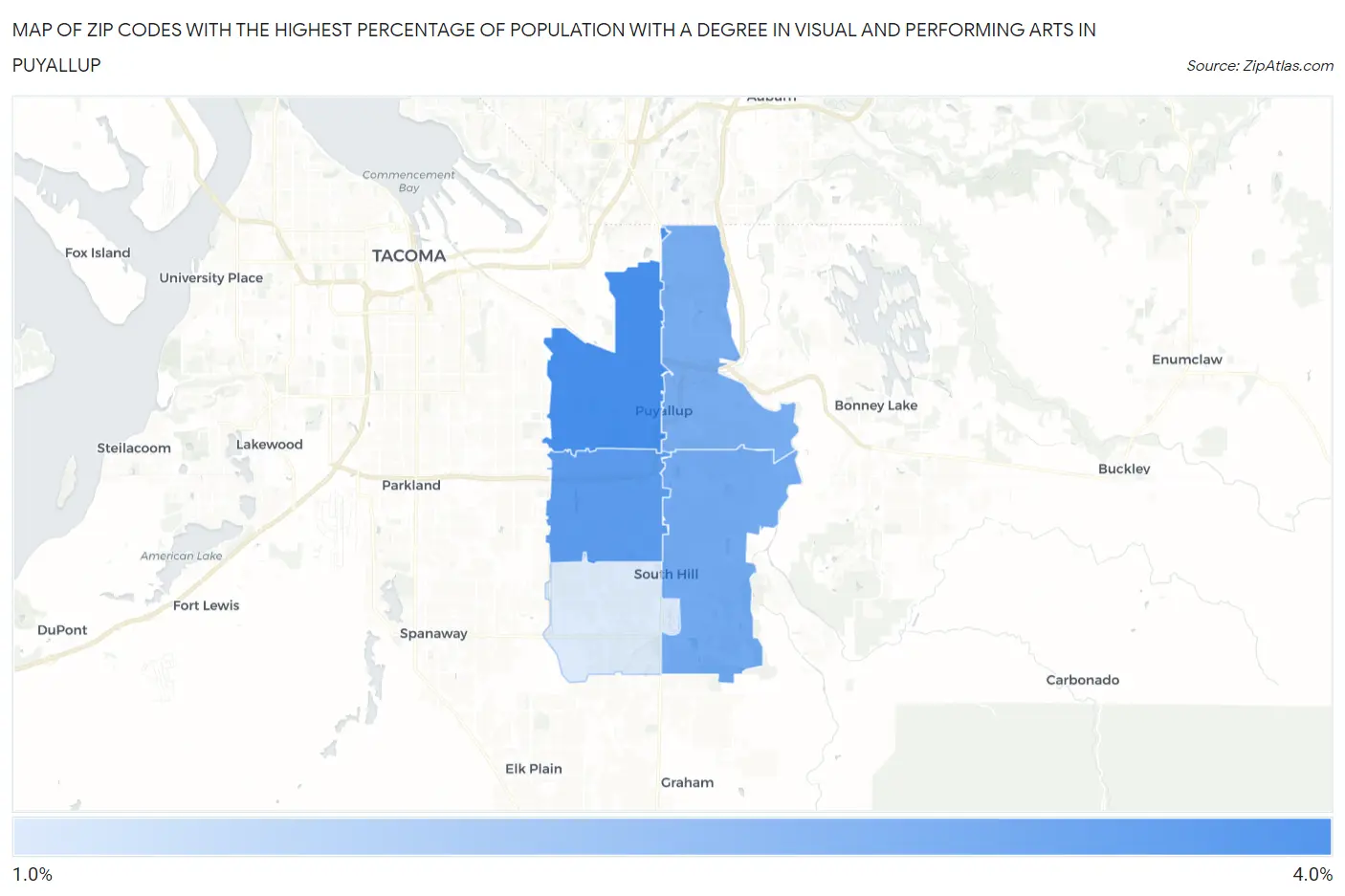 Zip Codes with the Highest Percentage of Population with a Degree in Visual and Performing Arts in Puyallup Map