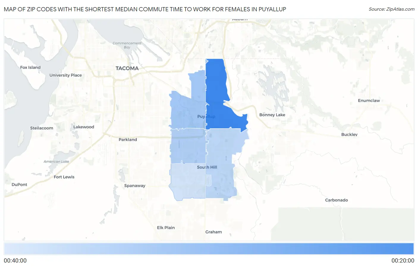 Zip Codes with the Shortest Median Commute Time to Work for Females in Puyallup Map