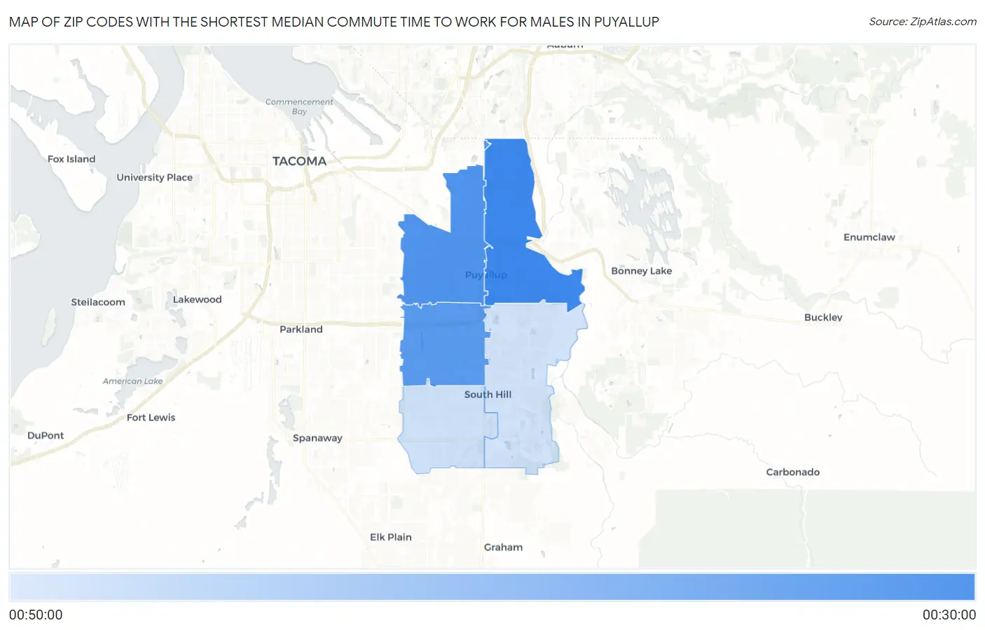 Zip Codes with the Shortest Median Commute Time to Work for Males in Puyallup Map