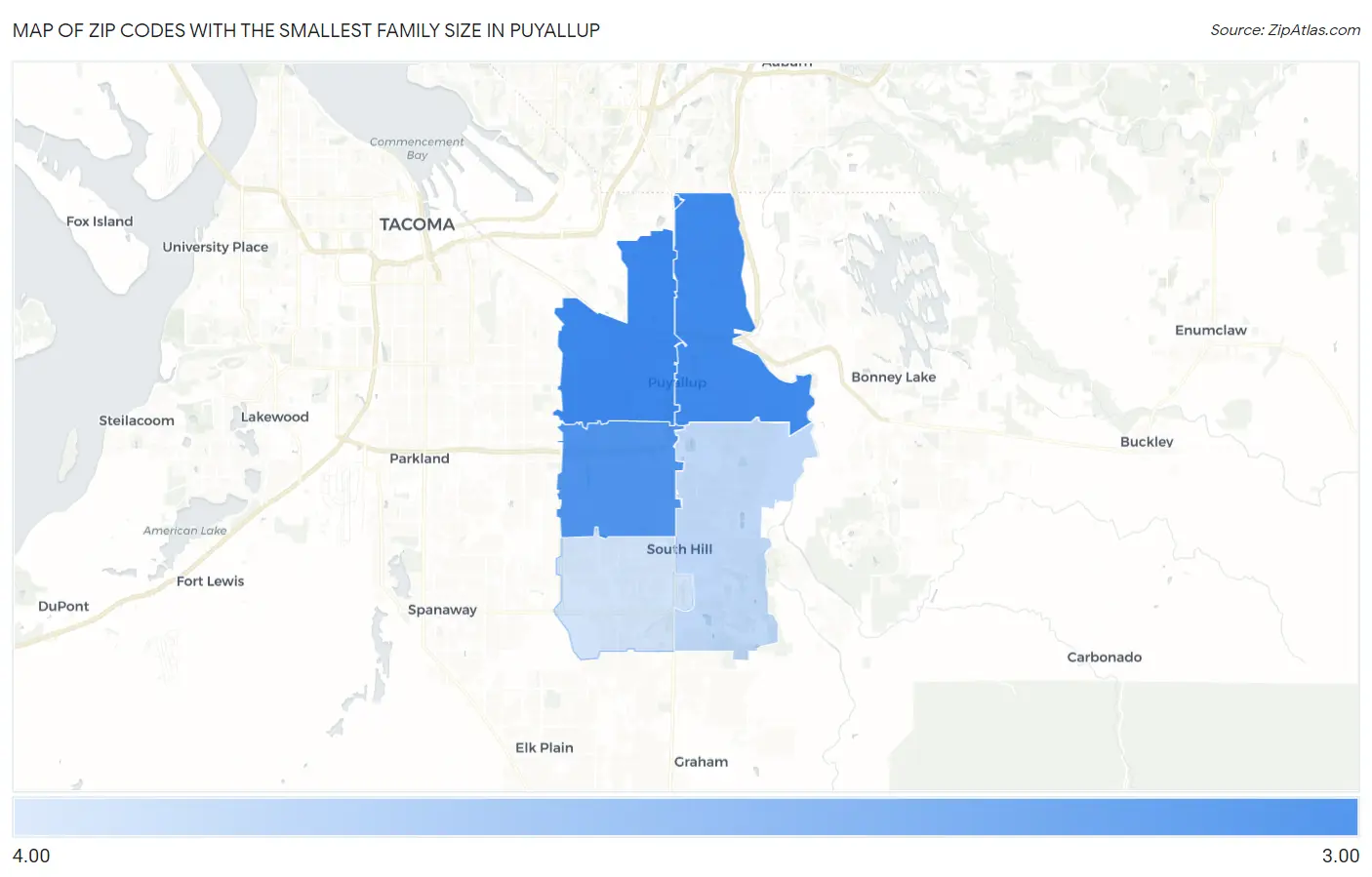 Zip Codes with the Smallest Family Size in Puyallup Map
