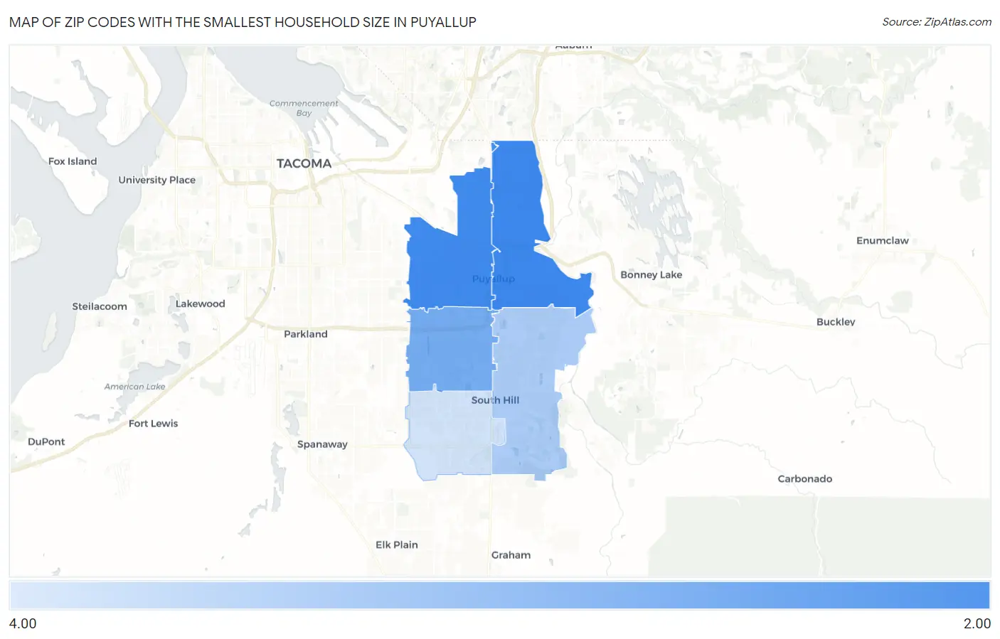 Zip Codes with the Smallest Household Size in Puyallup Map
