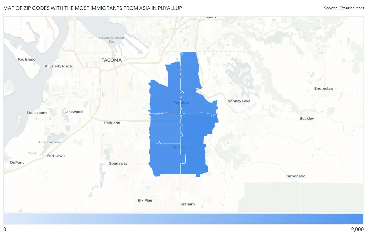 Zip Codes with the Most Immigrants from Asia in Puyallup Map