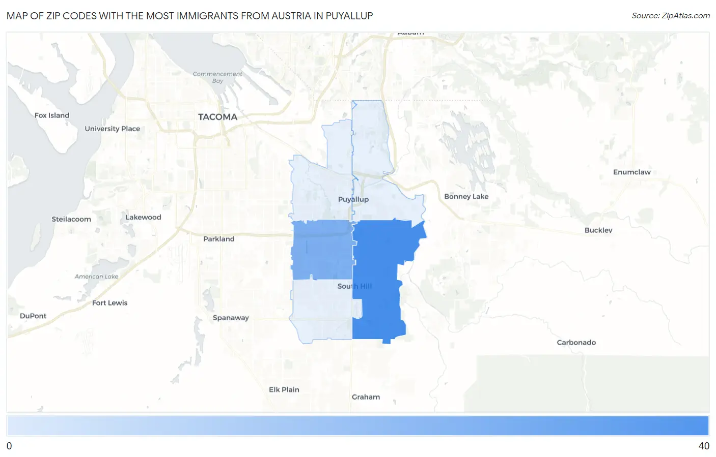 Zip Codes with the Most Immigrants from Austria in Puyallup Map