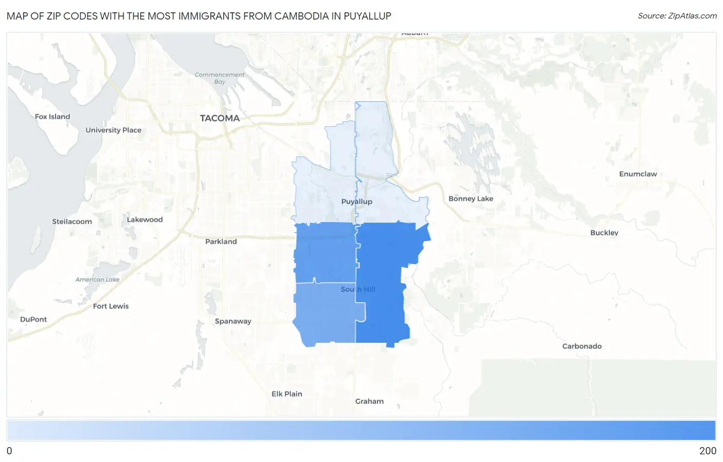 Zip Codes with the Most Immigrants from Cambodia in Puyallup Map