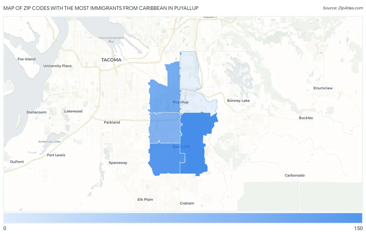 Zip Codes with the Most Immigrants from Caribbean in Puyallup Map