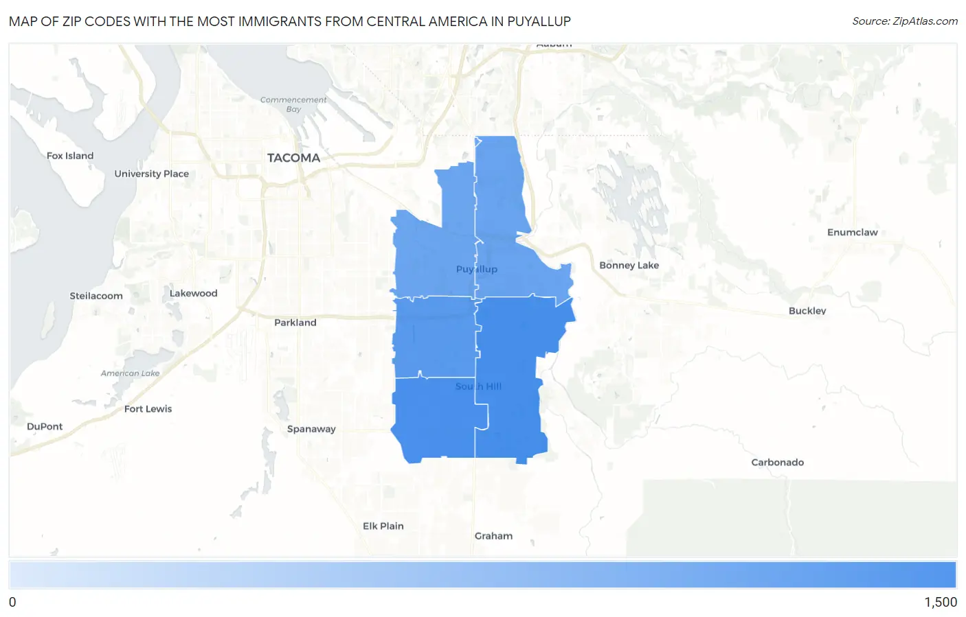 Zip Codes with the Most Immigrants from Central America in Puyallup Map