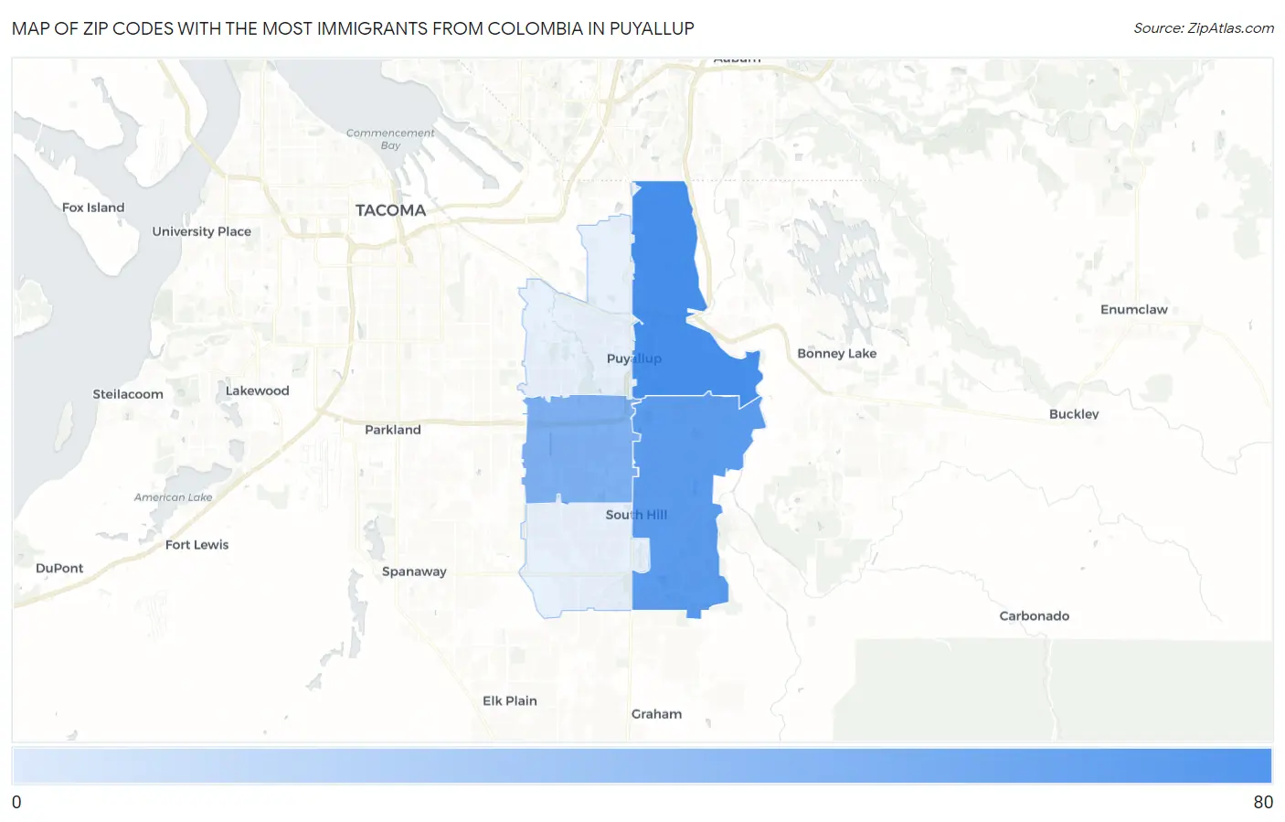 Zip Codes with the Most Immigrants from Colombia in Puyallup Map