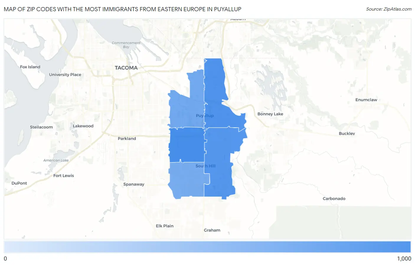 Zip Codes with the Most Immigrants from Eastern Europe in Puyallup Map