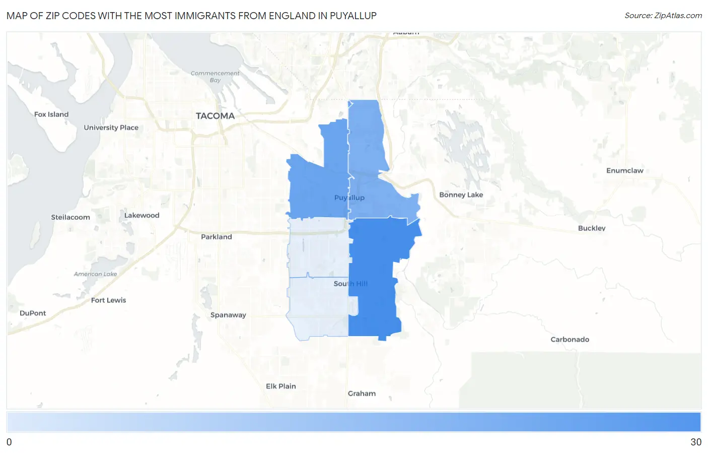Zip Codes with the Most Immigrants from England in Puyallup Map