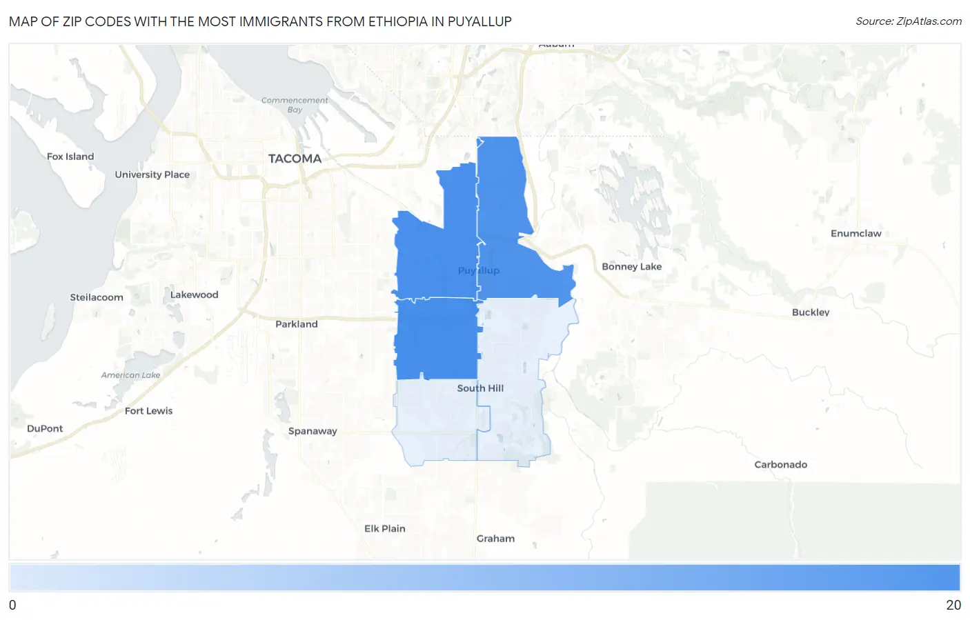 Zip Codes with the Most Immigrants from Ethiopia in Puyallup Map