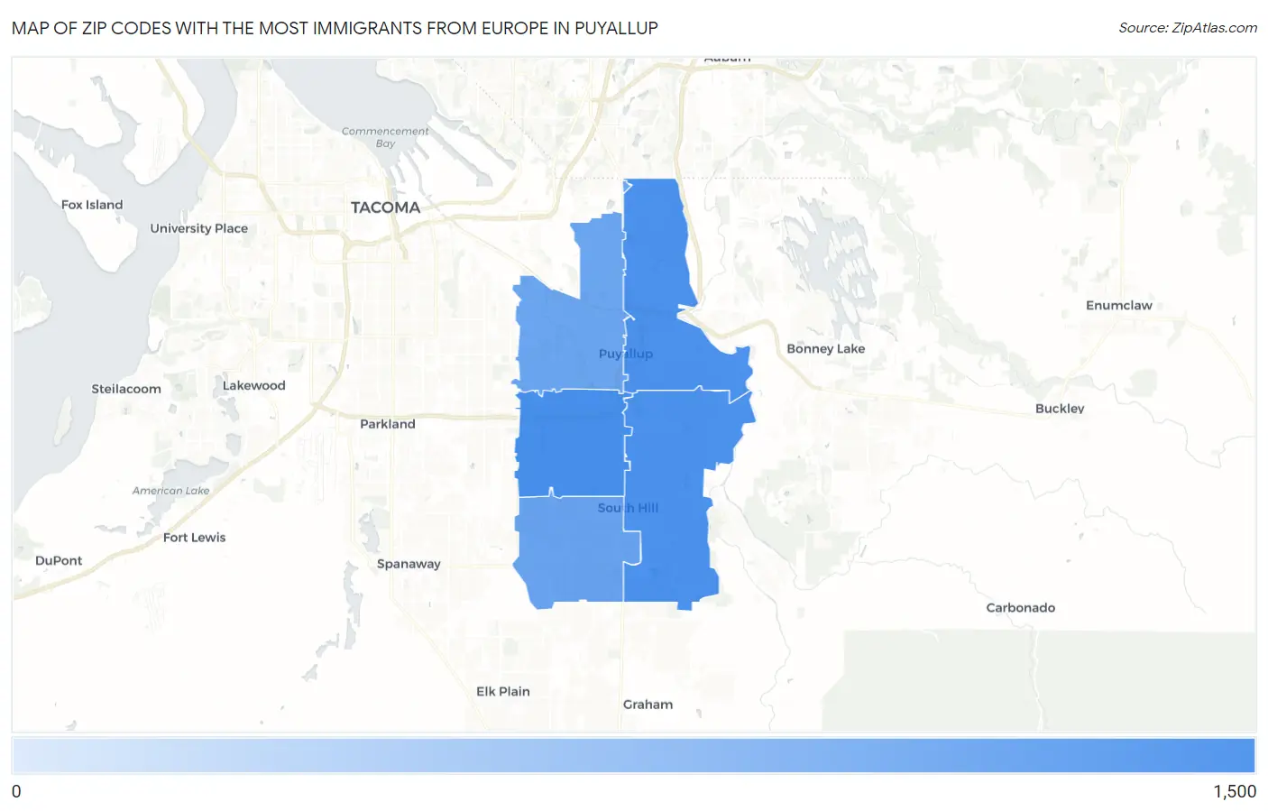 Zip Codes with the Most Immigrants from Europe in Puyallup Map