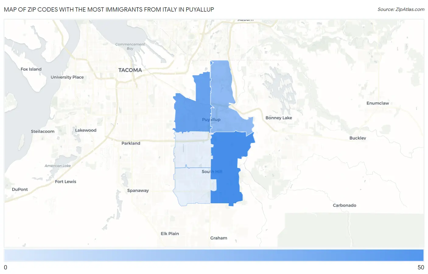 Zip Codes with the Most Immigrants from Italy in Puyallup Map