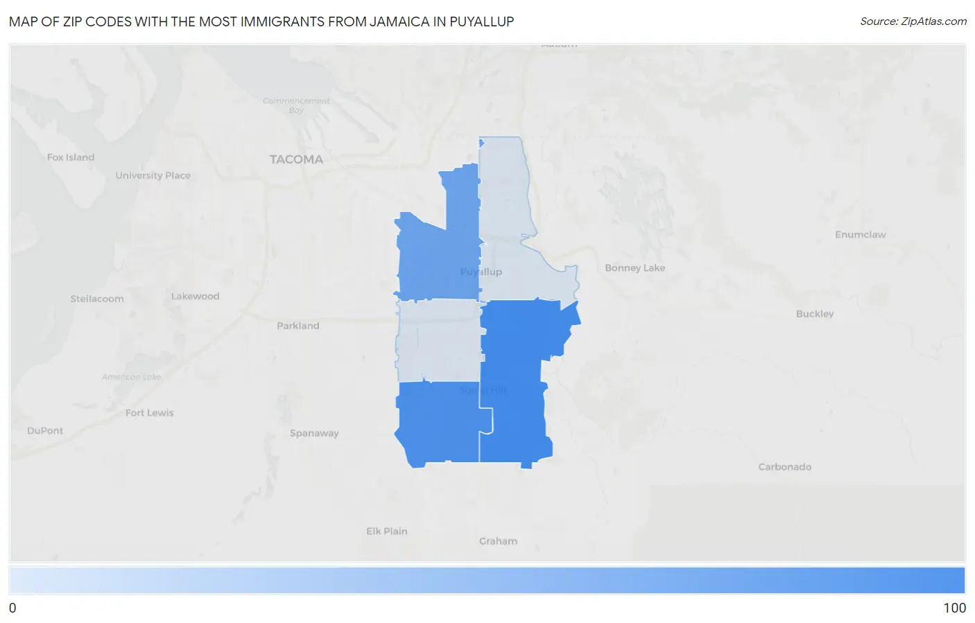 Zip Codes with the Most Immigrants from Jamaica in Puyallup Map