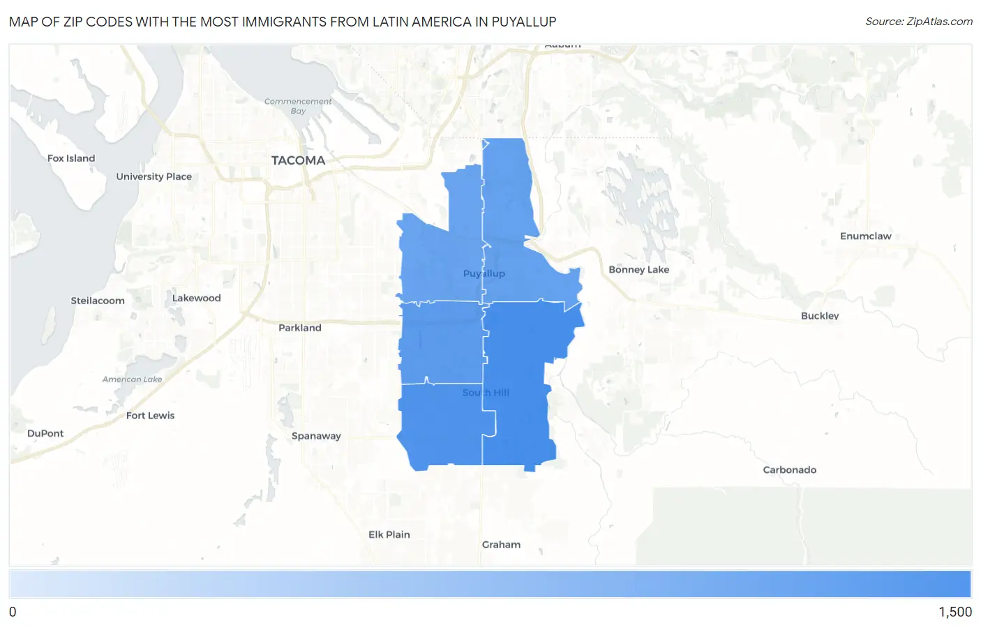 Zip Codes with the Most Immigrants from Latin America in Puyallup Map