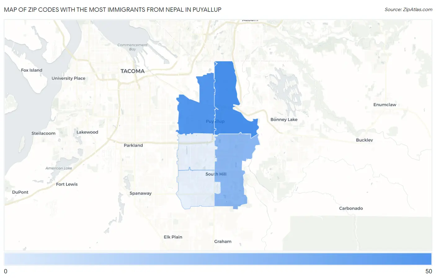 Zip Codes with the Most Immigrants from Nepal in Puyallup Map