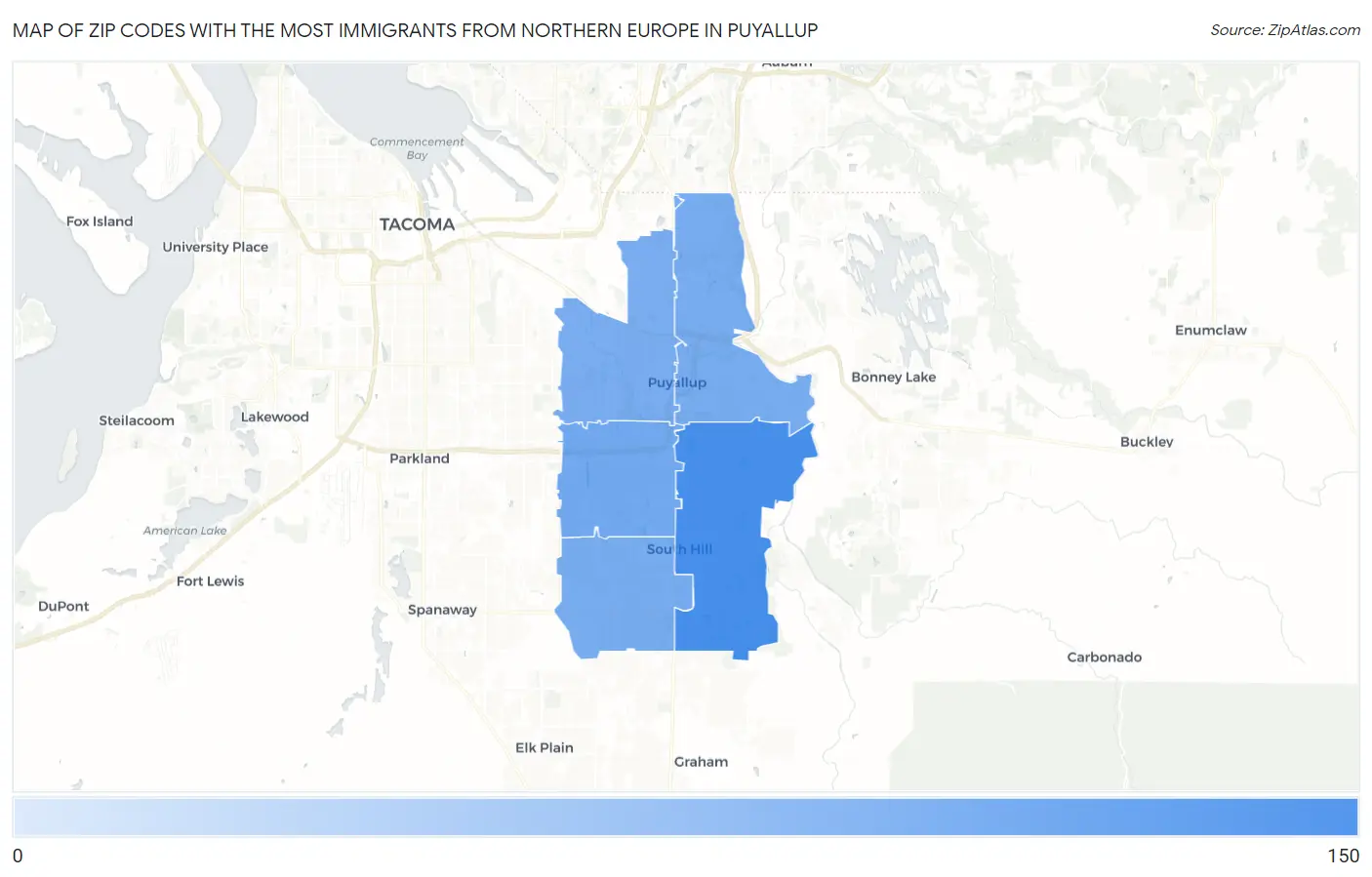 Zip Codes with the Most Immigrants from Northern Europe in Puyallup Map