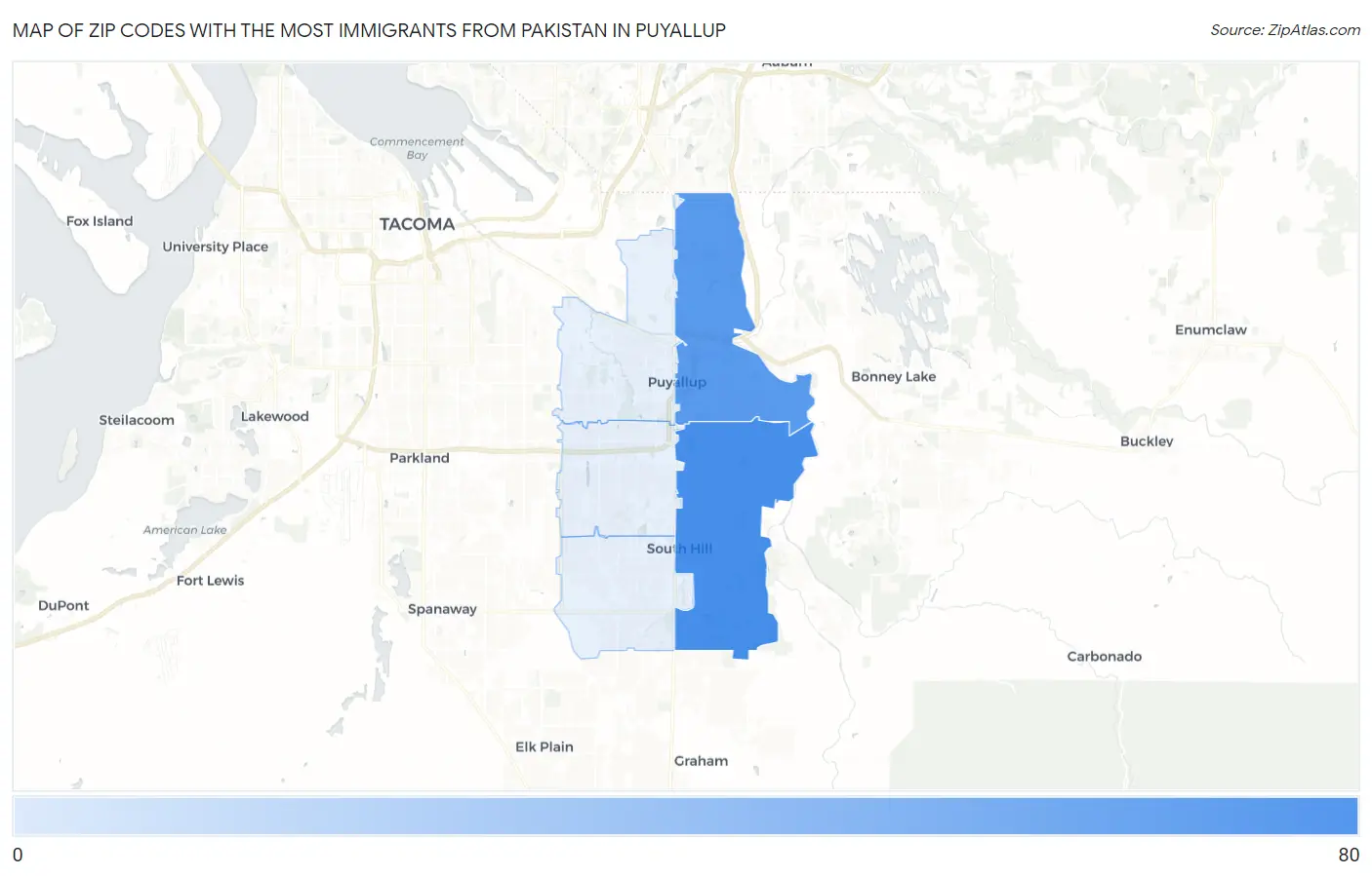 Zip Codes with the Most Immigrants from Pakistan in Puyallup Map