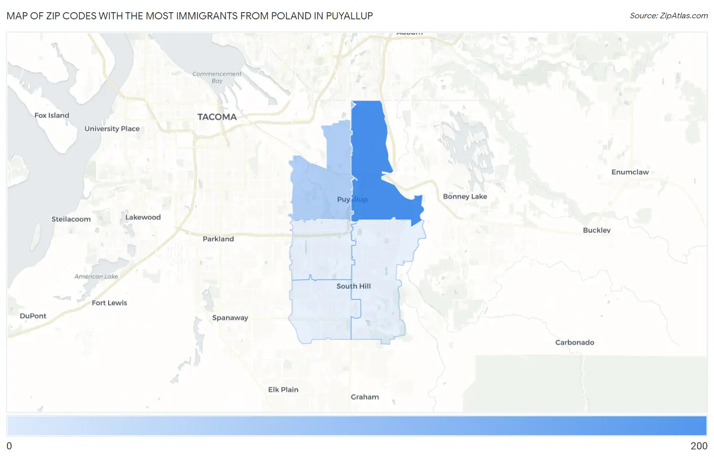 Zip Codes with the Most Immigrants from Poland in Puyallup Map