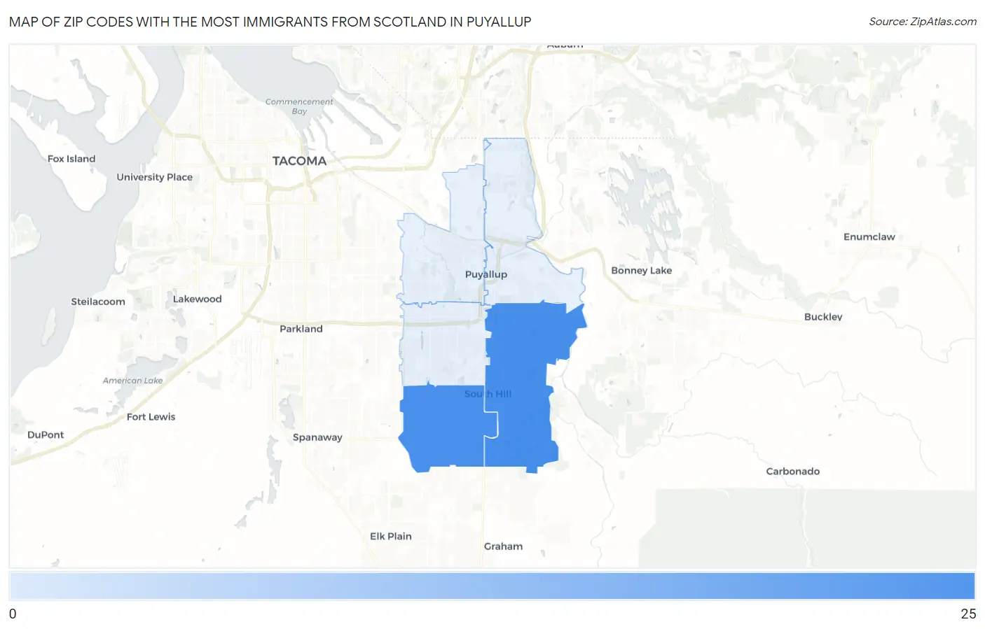 Zip Codes with the Most Immigrants from Scotland in Puyallup Map