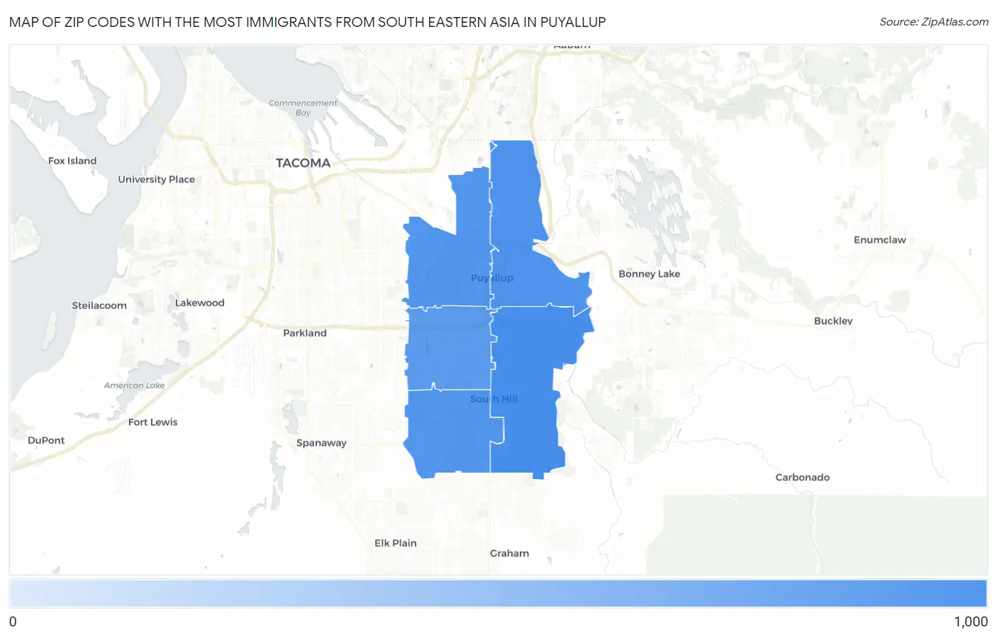 Zip Codes with the Most Immigrants from South Eastern Asia in Puyallup Map