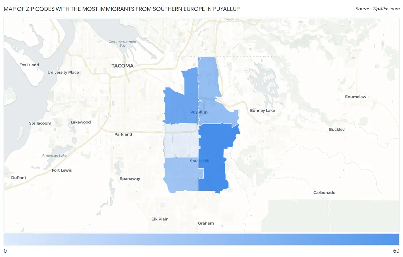 Zip Codes with the Most Immigrants from Southern Europe in Puyallup Map